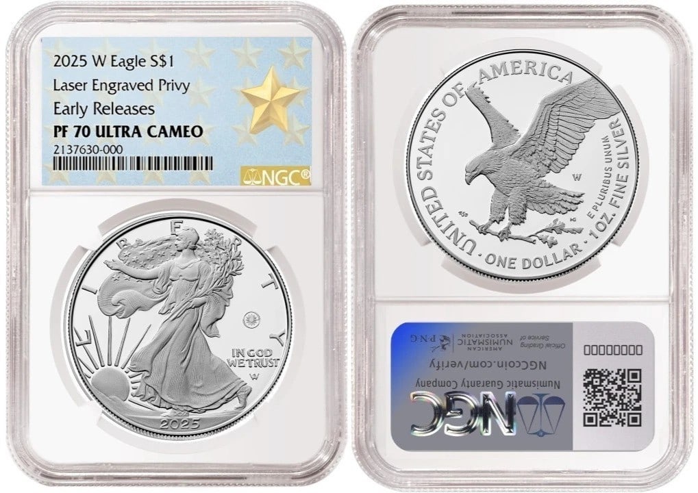 2025-W Proof American Silver Eagle NGC PR70 with Laser Privy: 2025-W Proof American Silver Eagle NGC PR70 with Laser Privy This stunning 2025-W Proof American Silver Eagle coin features a laser privy mark and has achieved a perfect grade of PR 70 from NGC, signi