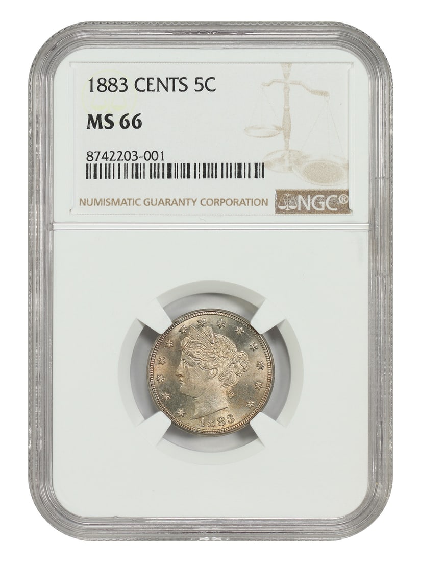 NGC MS66 Graded 1883 Liberty Nickel Five Cent With CENTS Reverse: NGC MS66 Graded 1883 Liberty Nickel Five Cent With CENTS Reverse This 1883 Liberty Nickel features the sought-after "with CENTS" variety, certified by NGC as MS66. The coin is uncirculated and display