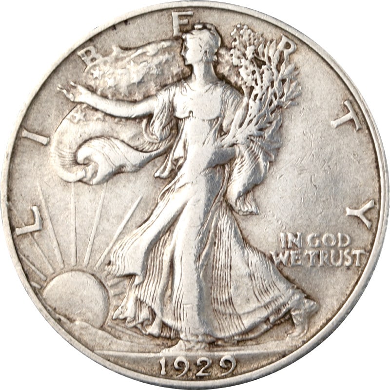 1929 Denver Mint Silver Half Dollar Walking Liberty Design: 1929 Denver Mint Silver Half Dollar Walking Liberty Design This 1929-D Walking Liberty Half Dollar is a circulated, pre-owned coin composed of silver with a fineness of 0.9. Minted in Denver, United S