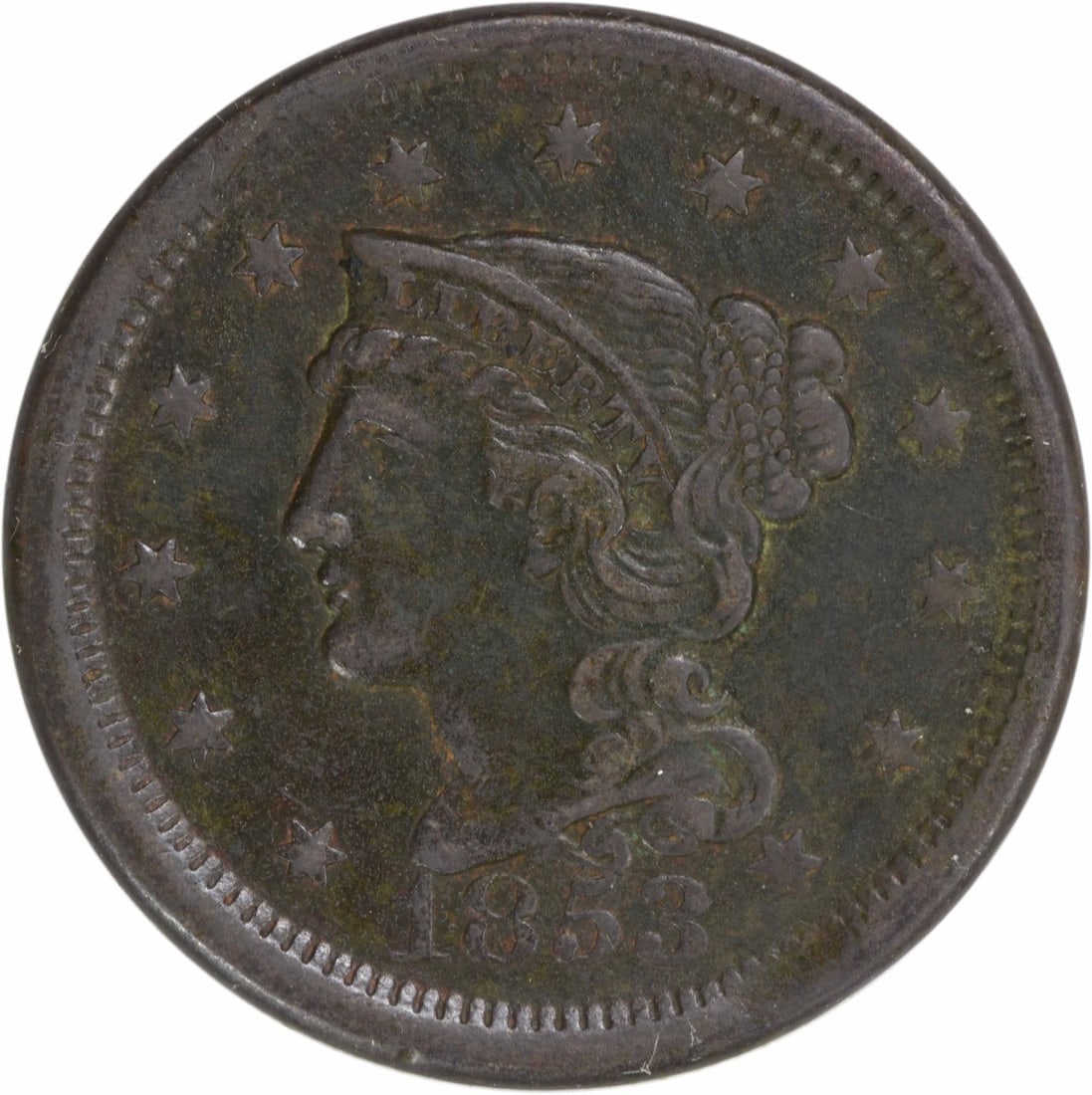 1853 Braided Hair Large Cent Copper Coin EF Uncertified: 1853 Braided Hair Large Cent Copper Coin EF Uncertified This 1853 Large Cent features the iconic Braided Hair design by Christian Gobrecht. It is an ungraded, circulated coin minted in Philadelphia. W