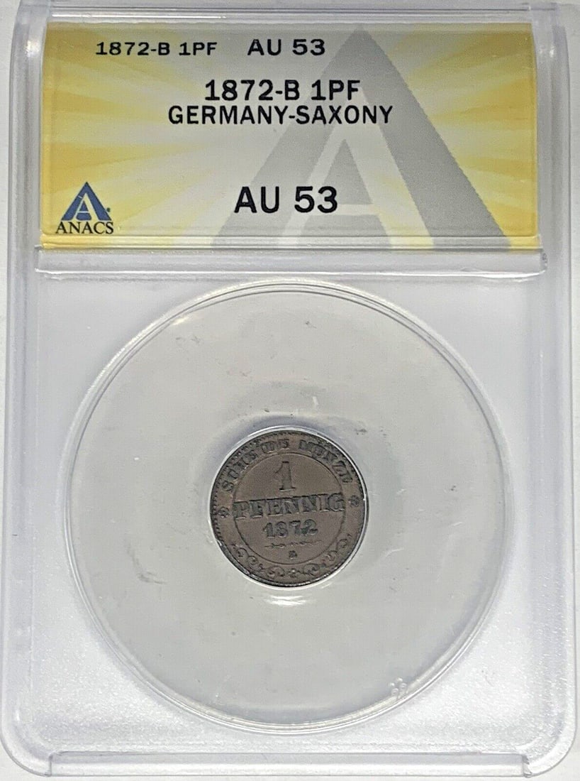 AU 53 ANACS Certified 1872-B German 1 Pfennig Coin from Empire Era: AU 53 ANACS Certified 1872-B German 1 Pfennig Coin from Empire Era This 1872-B Germany 1 Pfennig coin is from the German Empire period (1871-1918) and has been certified by ANACS with a grade of AU 53