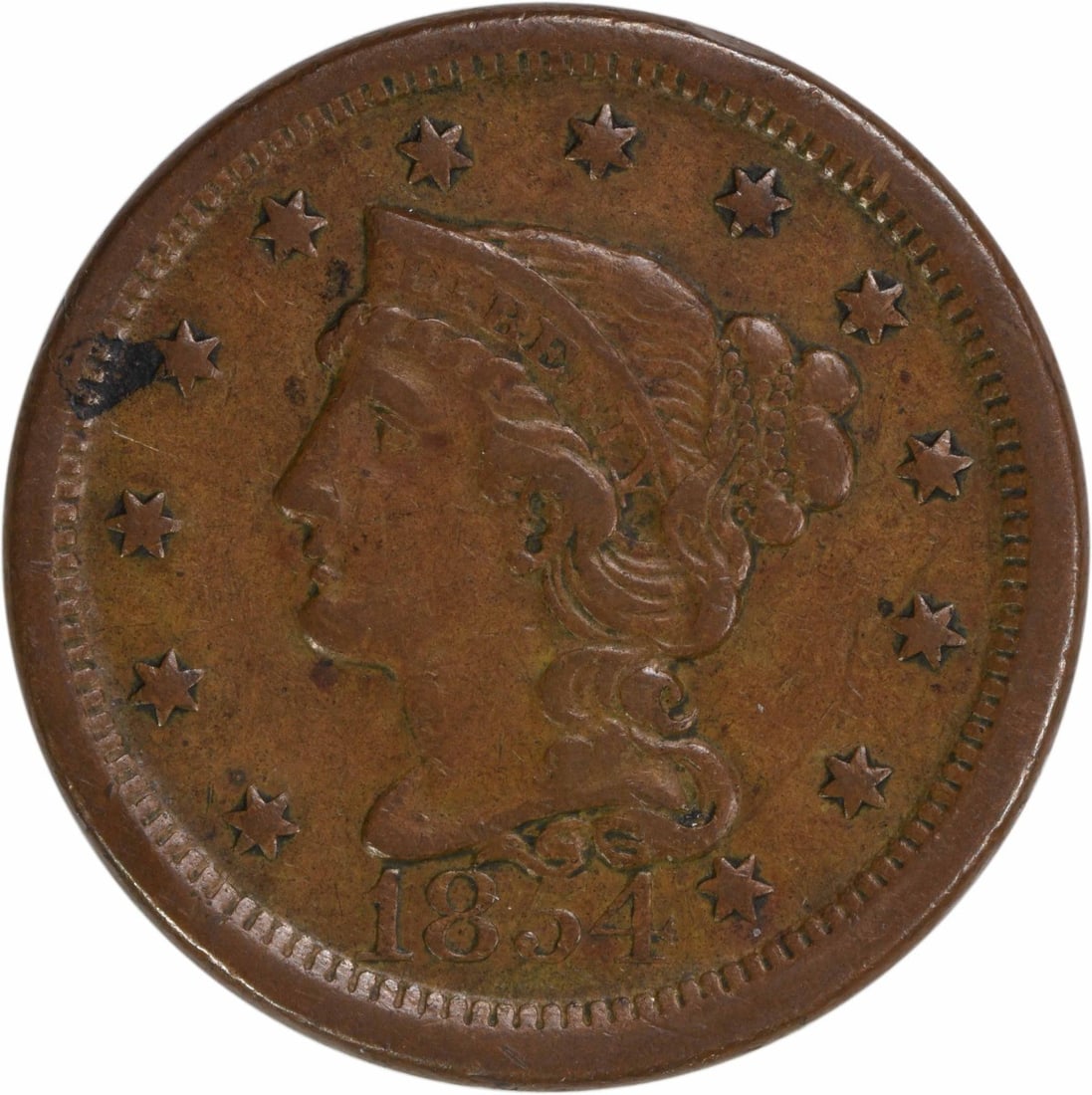 1854 Braided Hair Large Cent Copper Uncertified EF Coin: 1854 Braided Hair Large Cent Copper Uncertified EF Coin This 1854 Large Cent features the iconic Braided Hair design by Christian Gobrecht, showcasing a rich copper composition. The coin is categorize