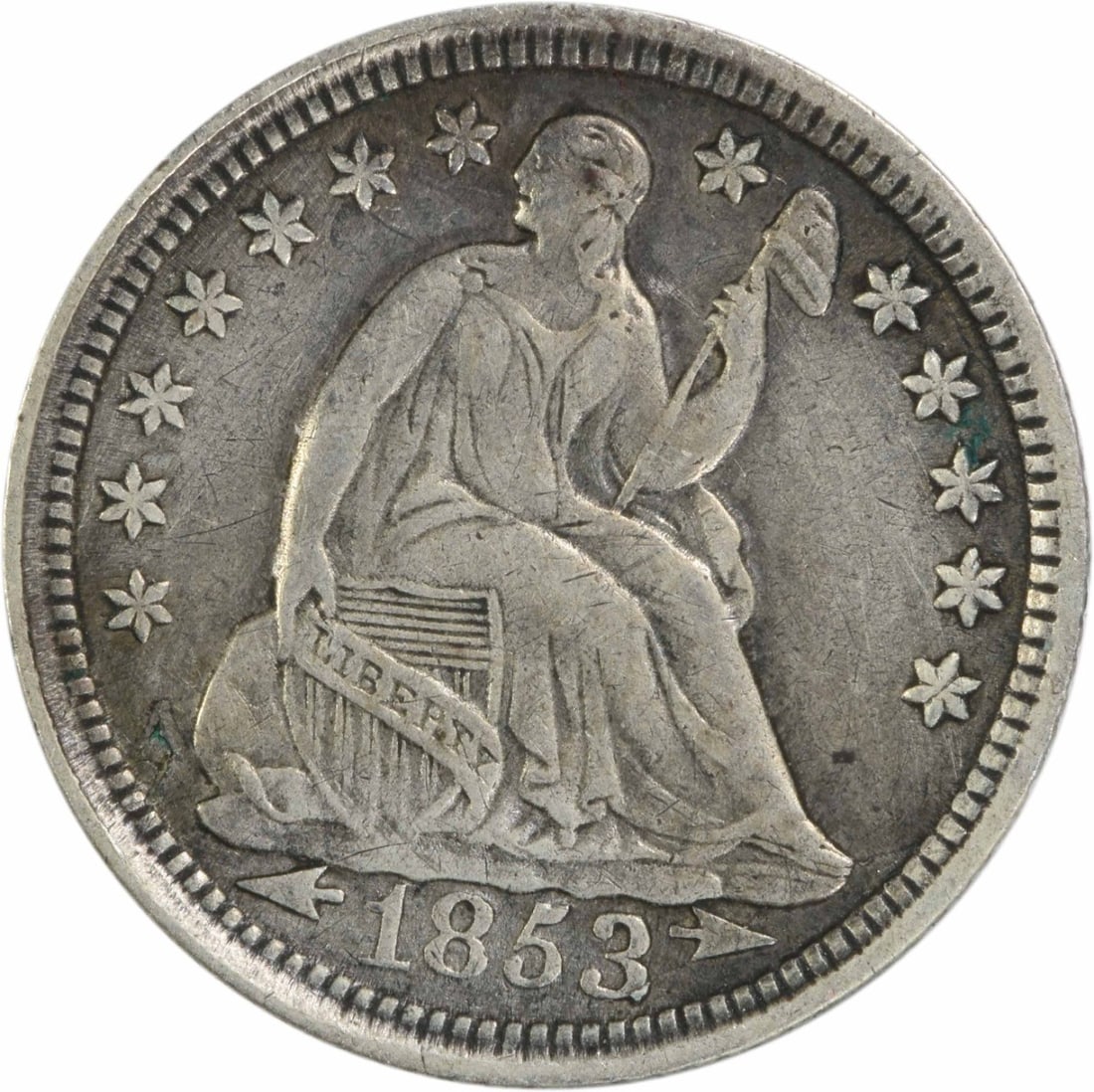 1853 Liberty Seated Half Dime Silver Uncertified 90% Silver: 1853 Liberty Seated Half Dime Silver Uncertified 90% Silver This 1853 Liberty Seated Silver Half Dime, minted in Philadelphia, features a classic design by Christian Gobrecht. Struck in 90% silver and