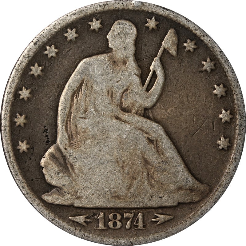 1874 Philadelphia Silver Seated Liberty Half Dollar With Arrows: 1874 Philadelphia Silver Seated Liberty Half Dollar With Arrows This is an 1874-P Seated Half Dollar featuring arrows at the date. The coin is composed of 90% silver and was minted in Philadelphia in 