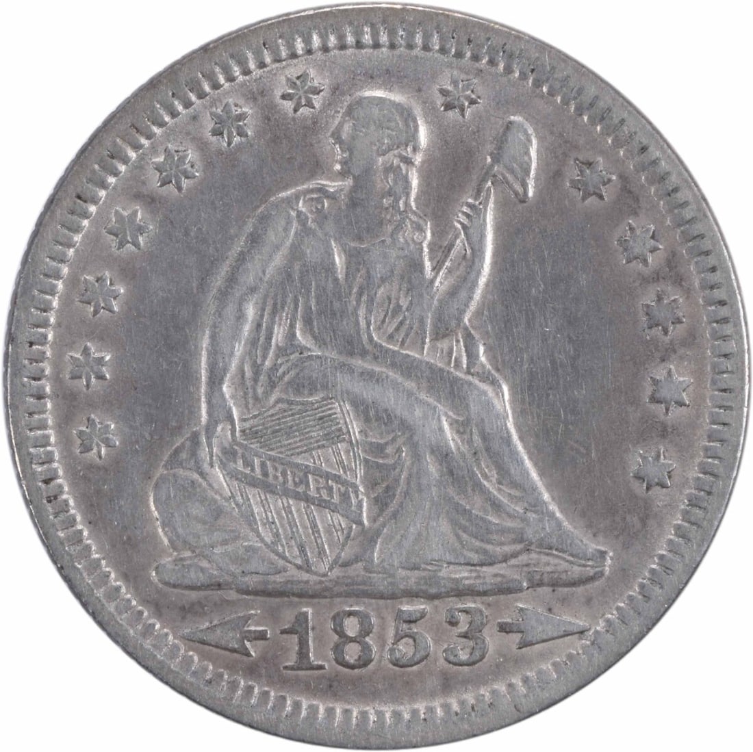 1853 Seated Liberty Quarter Arrows and Rays XF Philadelphia Uncertified: 1853 Seated Liberty Quarter Arrows and Rays XF Philadelphia Uncertified This 1853 Liberty Seated Quarter features the Arrows and Rays design and was minted in Philadelphia. Composed of 90% silver and 
