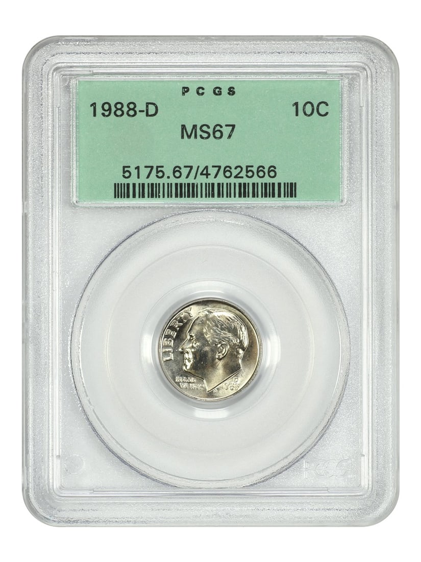 PCGS MS67 1988 Denver Roosevelt Dime in Old Green Holder: PCGS MS67 1988 Denver Roosevelt Dime in Old Green Holder This is a 1988-D Roosevelt Dime graded MS67 by PCGS, housed in an Old Green Holder (OGH). The coin is uncirculated and was minted in Denver. It