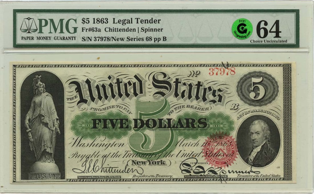 1863 $5 Legal Tender Note Series 65-75 PMG CU64: 1863 $5 Legal Tender Note Series 65-75 PMG CU64 This 1863 $5 Legal Tender Note from the New Series 65-75, designated as FR#63a, is a stunning piece of American currency history. It is graded MS64 by P