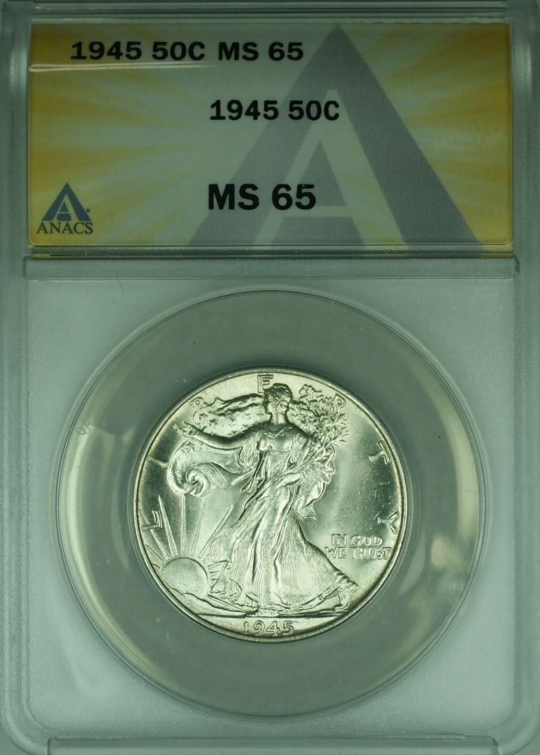 1945 Liberty Walking Silver Half Dollar ANACS MS 65 Certified Coin: 1945 Liberty Walking Silver Half Dollar ANACS MS 65 Certified Coin This is a 1945 Walking Liberty Silver Half Dollar with a denomination of 50 cents. The coin is certified by ANACS and graded MS 65, i