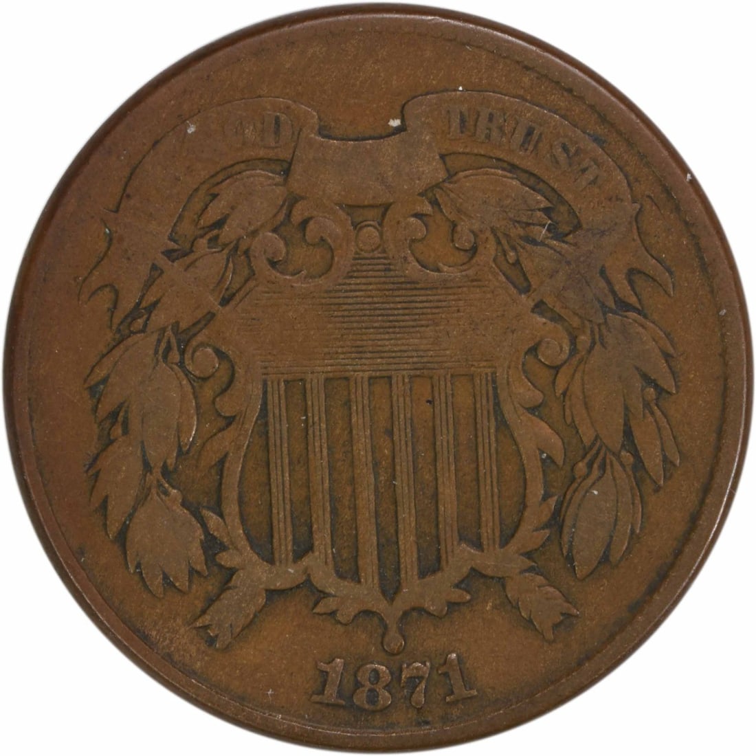 1871 Philadelphia Two Cent Piece Bronze Coin by Longacre: 1871 Philadelphia Two Cent Piece Bronze Coin by Longacre This 1871 Two Cent Piece is a noteworthy addition for any coin collector. This piece is certified as Uncertified and has circulated, reflecting