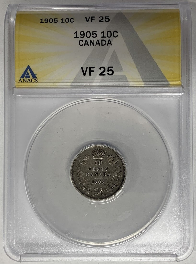 Silver 1905 Canadian 10 Cent Coin ANACS Certified VF 25 (1 of 2)