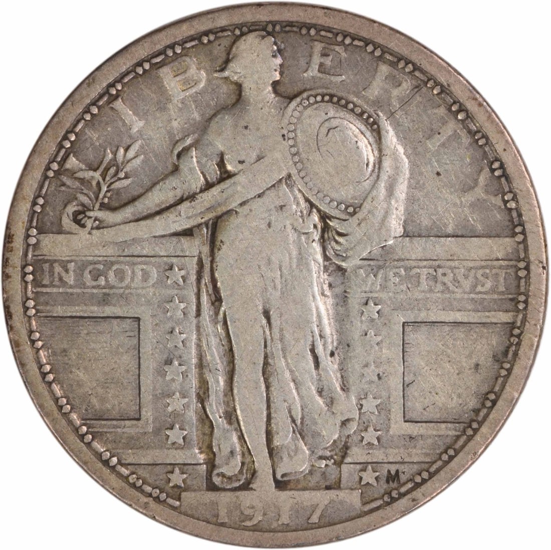 1917 Standing Liberty Quarter 25C Fine Grade Uncertified Silver Coin: 1917 Standing Liberty Quarter 25C Fine Grade Uncertified Silver Coin This 1917 Standing Liberty Quarter Type 1 was struck at the Philadelphia Mint and features a design by Hermon A. Mac Neil. The coin