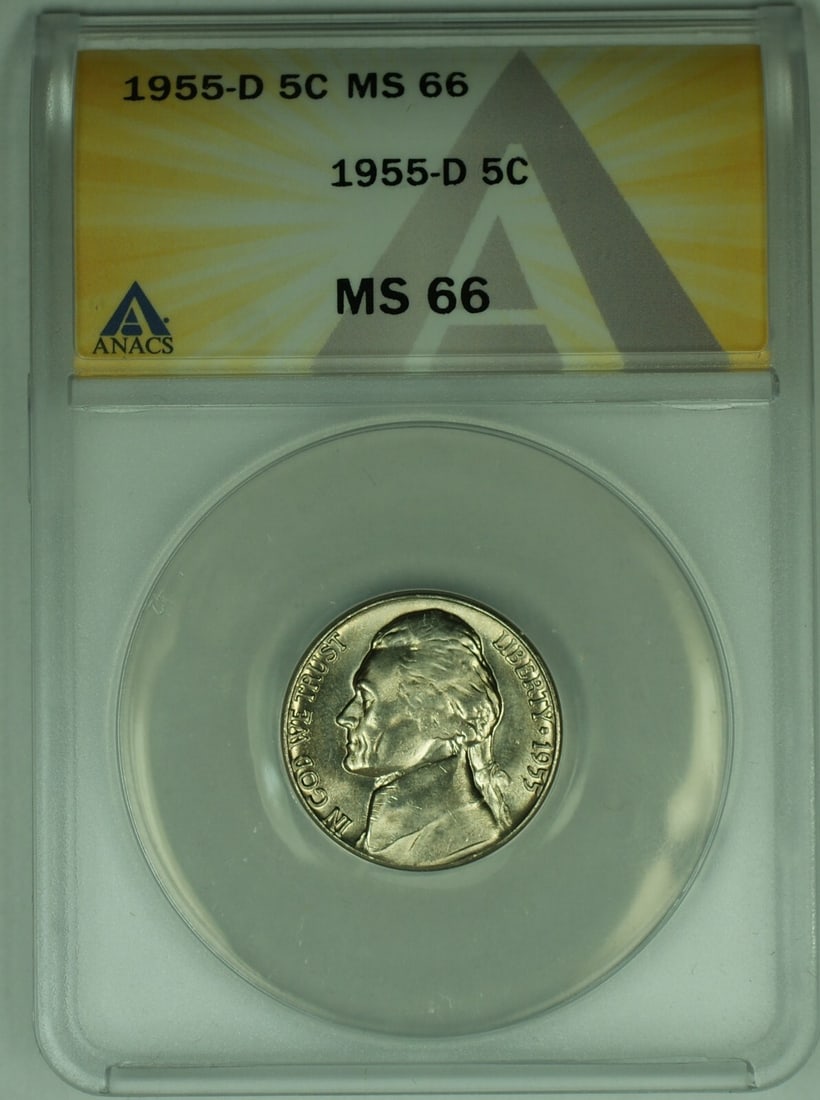 ANACS MS 66 1955-D Jefferson Nickel United States 5 Cent Coin: ANACS MS 66 1955-D Jefferson Nickel United States 5 Cent Coin This is a 1955-D Jefferson Nickel with a denomination of 5 cents. The coin is uncirculated and has been graded MS 66 by ANACS. It features
