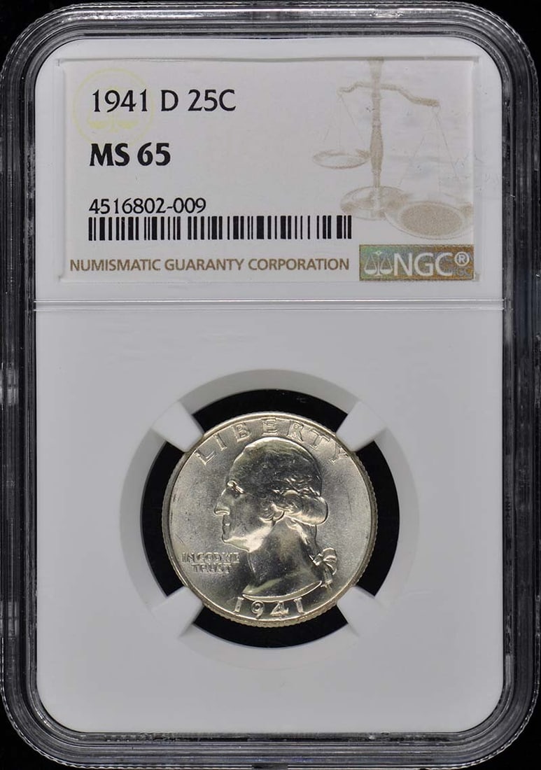1941-D Washington Quarter NGC MS65 Uncirculated Coin: 1941-D Washington Quarter NGC MS65 Uncirculated Coin This 1941-D Washington Quarter is a stunning example of numismatic excellence, certified by NGC with a grade of MS65. This uncirculated coin showca