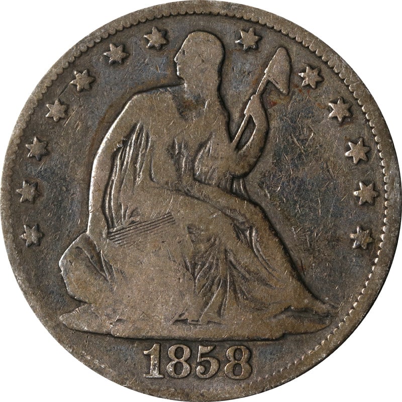 1858 Philadelphia Silver Seated Liberty Half Dollar United States Coin: 1858 Philadelphia Silver Seated Liberty Half Dollar United States Coin This 1858-P Seated Half Dollar is a pre-owned, circulated coin from the United States. Composed of silver with a fineness of 0.9,