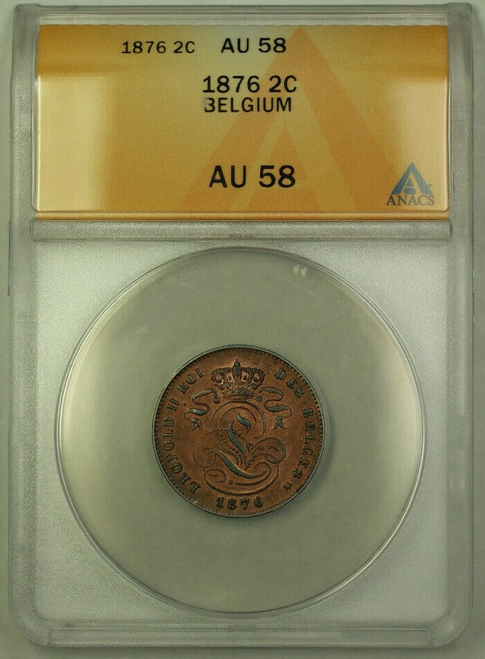 Belgium 2 Centimes 1876 Copper Coin ANACS AU 58 Certified (1 of 2)
