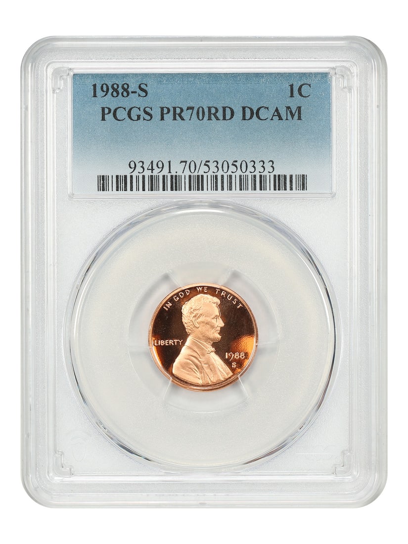 PCGS PR70RD DCAM Lincoln Cent 1988-S Proof San Francisco: PCGS PR70RD DCAM Lincoln Cent 1988-S Proof San Francisco This is a 1988-S Lincoln Cent (Modern) graded PR70RD DCAM by PCGS. The coin is uncirculated and was struck in San Francisco. It features deep c