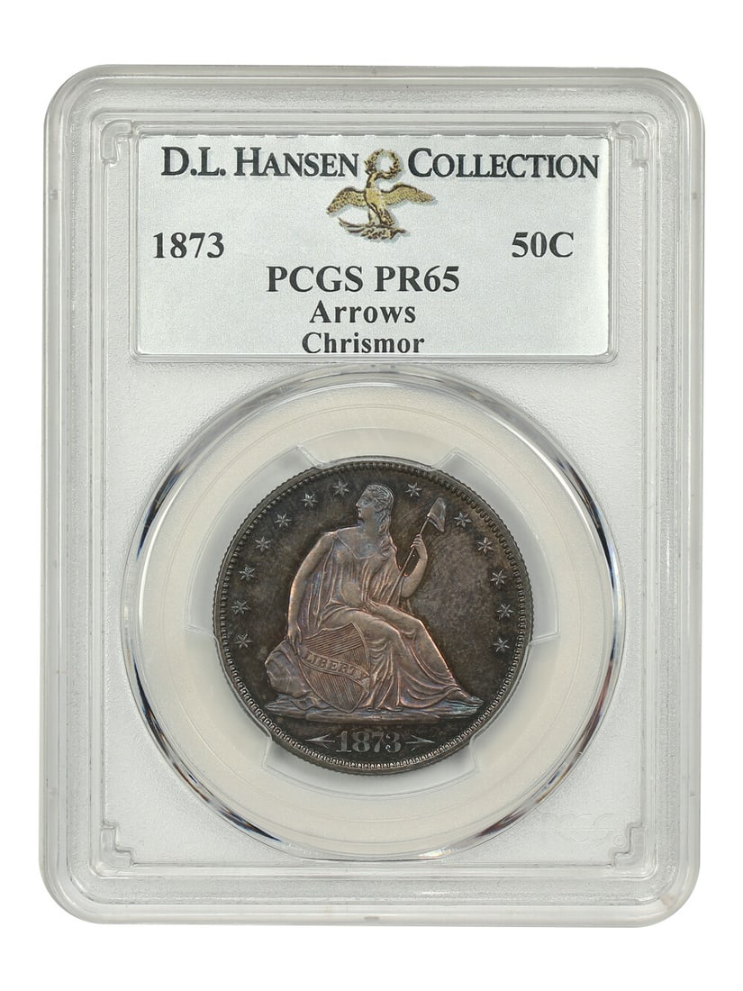 1873 Liberty Seated Half Dollar 50C PCGS PR65 With Arrows Low Mintage: 1873 Liberty Seated Half Dollar 50C PCGS PR65 With Arrows Low Mintage This stunning 1873 50C PCGS PR65 (Arrows) is an exquisite example of the Liberty Seated Half Dollar series. With a low mintage of 