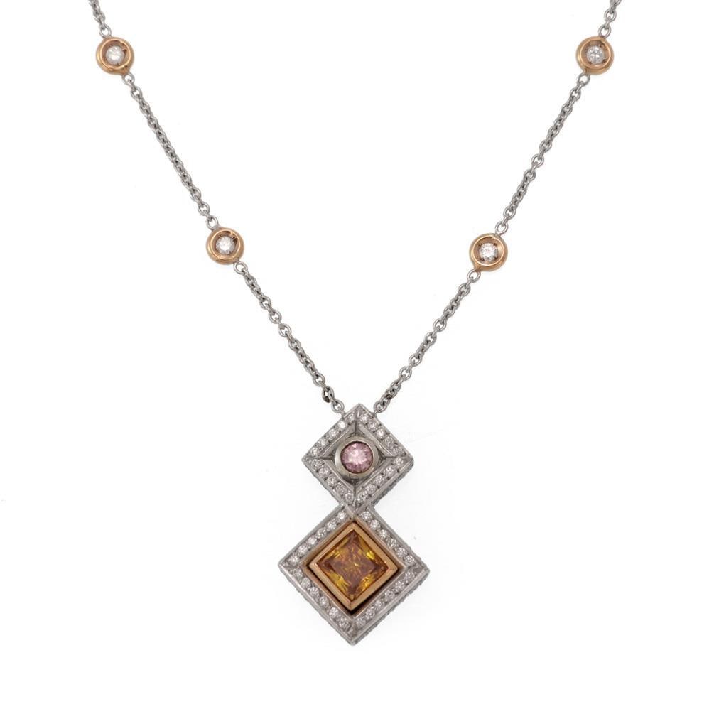 Stunning 1.92ct Diamond Necklace 18k White Rose Gold GIA Report: Stunning 1.92ct Diamond Necklace 18k White Rose Gold GIA Report Adorn yourself with this exquisite 1.92ct Fancy Necklace featuring a stunning interplay of white, yellow, and pink diamonds set in luxur