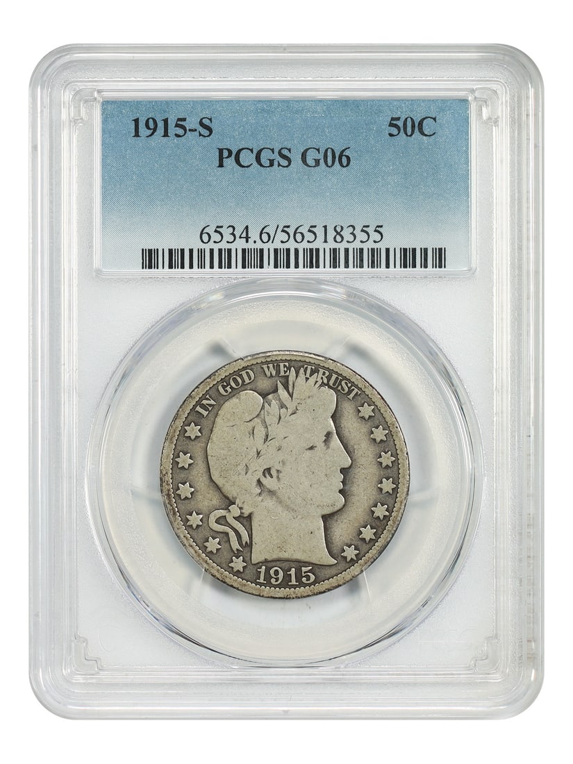 Barber Half Dollar 1915 San Francisco PCGS Graded Good 6: Barber Half Dollar 1915 San Francisco PCGS Graded Good 6 This is a 1915-S Barber Half Dollar graded Good 06 by PCGS. The coin is circulated and was minted in San Francisco. It is part of the Barber Ha