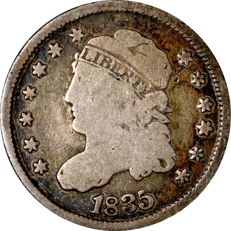 1835 Silver Bust Half Dime Circulated Coin: 1835 Silver Bust Half Dime Circulated Coin This is an 1835 Bust Half Dime composed of 90% silver. The coin is circulated and is offered in a pre-owned condition. It is uncertified. Specifications Year