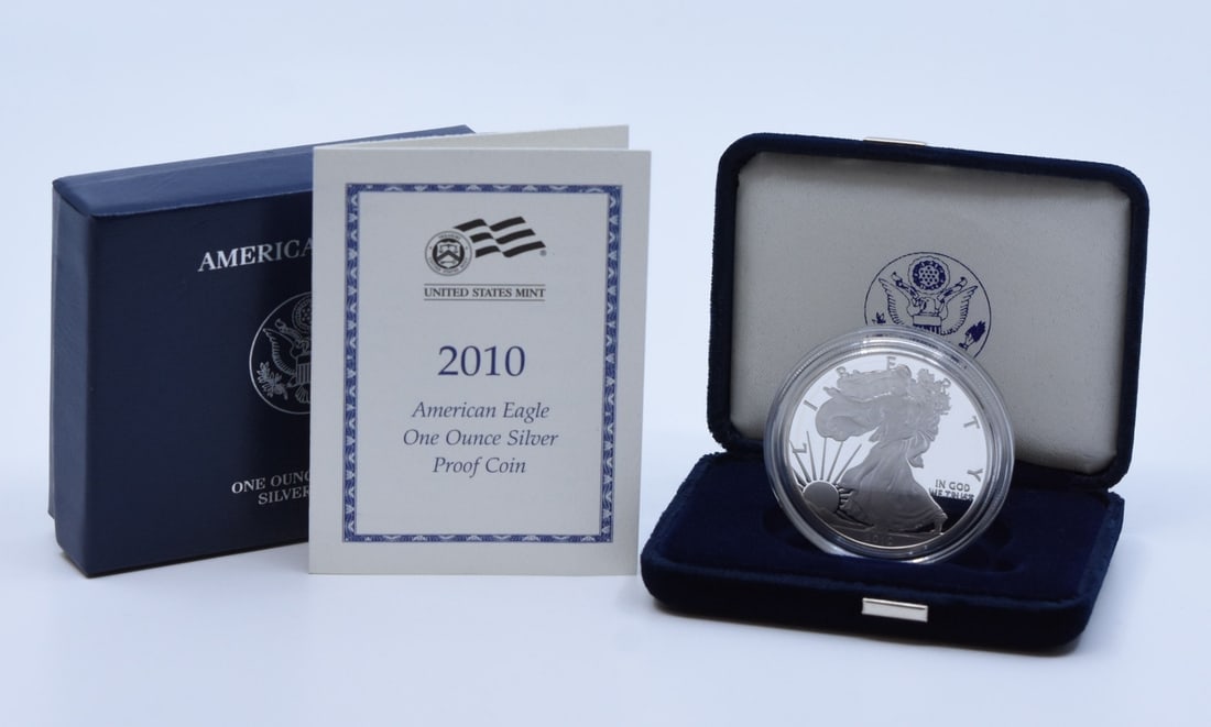 2010-W American Silver Eagle Proof Coin Uncertified in Government Packaging: 2010-W American Silver Eagle Proof Coin Uncertified in Government Packaging Presenting the 2010-W $1 American Proof Silver Eagle, a stunning addition to any coin collection. This exquisite coin featur