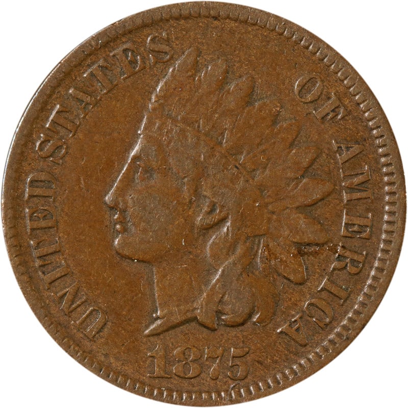 1875 United States Copper Indian Head One Cent Coin: 1875 United States Copper Indian Head One Cent Coin This is an 1875 Indian Cent from the United States, composed of copper. The coin is circulated and pre-owned, and it is not certified. Specification