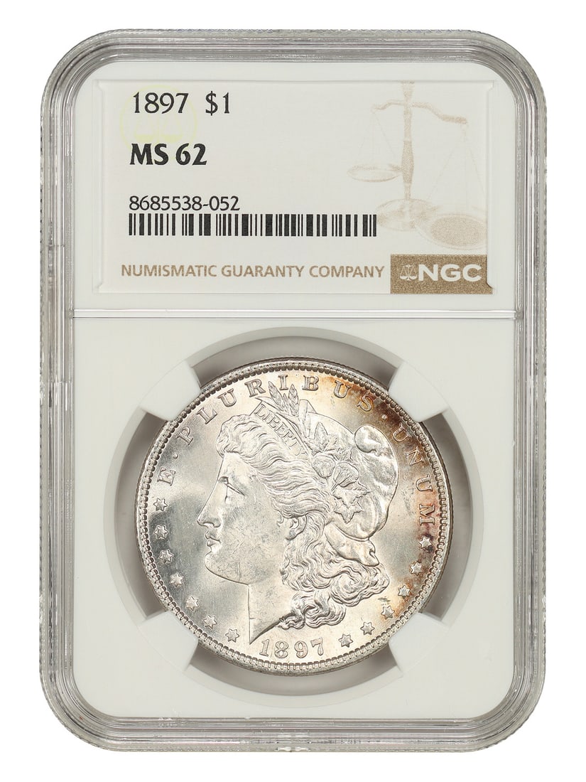 1897 Morgan Silver Dollar NGC MS62 Philadelphia Mint: 1897 Morgan Silver Dollar NGC MS62 Philadelphia Mint This 1897 Morgan Dollar is graded MS62 by NGC and is an uncirculated coin minted in Philadelphia. As part of the Morgan Dollar series, it features 