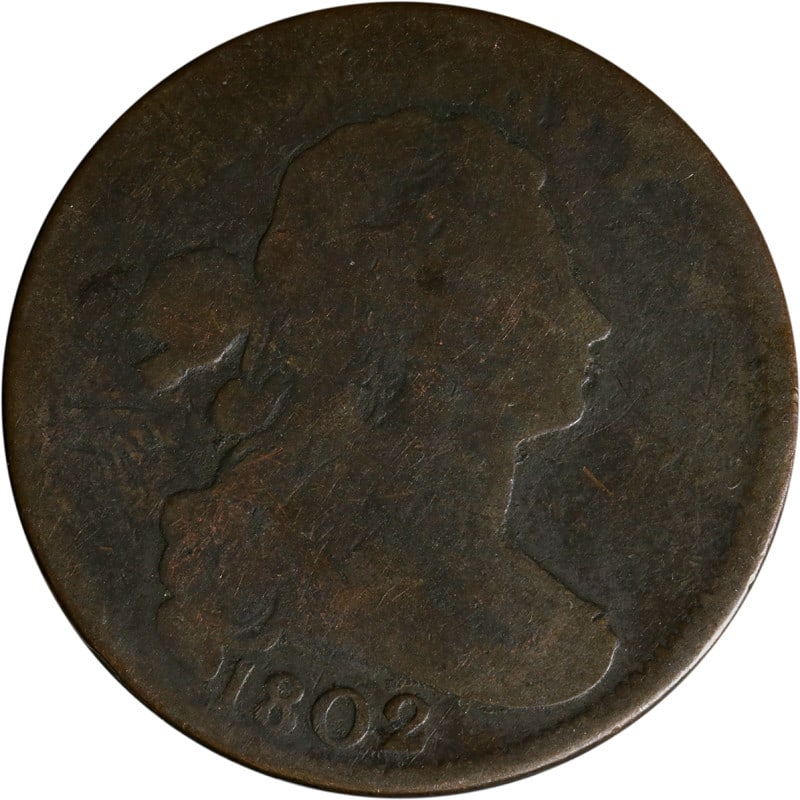 Early American 1802 United States Copper Large Cent Coin Circulated: Early American 1802 United States Copper Large Cent Coin Circulated This is an 1802 Large Cent from the United States, composed of copper. The coin is circulated and uncertified, and is offered in pre