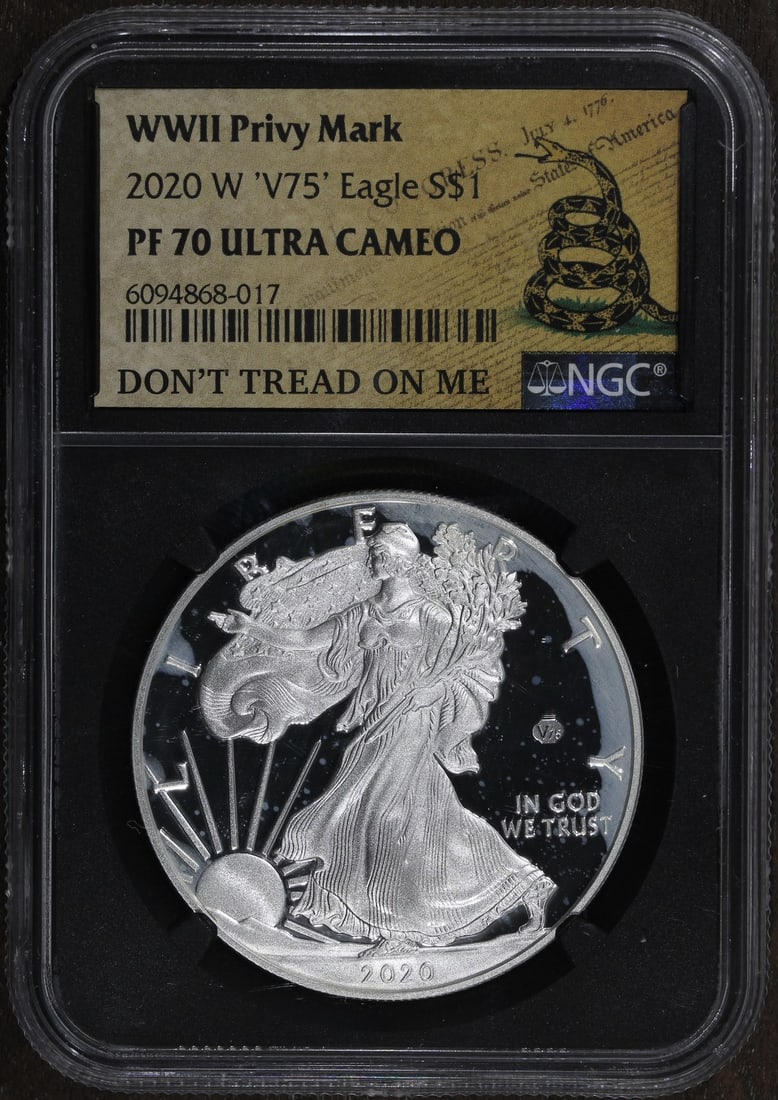 2020 Proof Silver American Eagle PR70 NGC V75 WW2 Commemorative Coin: 2020 Proof Silver American Eagle PR70 NGC V75 WW2 Commemorative Coin This 2020-W V75 Proof Silver American Eagle features a special WW2 Snake Label and has been graded PR70 DCAM by NGC. Minted by the 