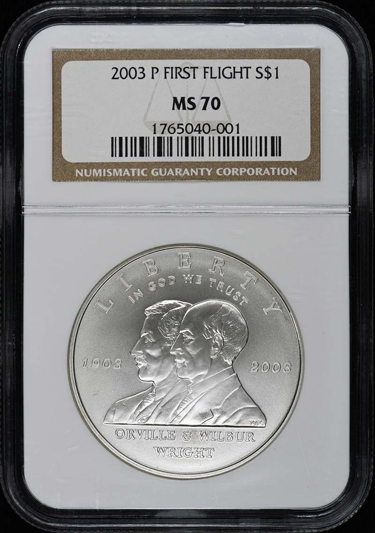 2003 P S$1 First Flight Modern Commemorative NGC MS70: 2003 P S$1 First Flight Modern Commemorative NGC MS70 This 2003 P First Flight Modern Commemorative S$1 coin is certified by NGC with a perfect grade of MS70, indicating it is in uncirculated conditio