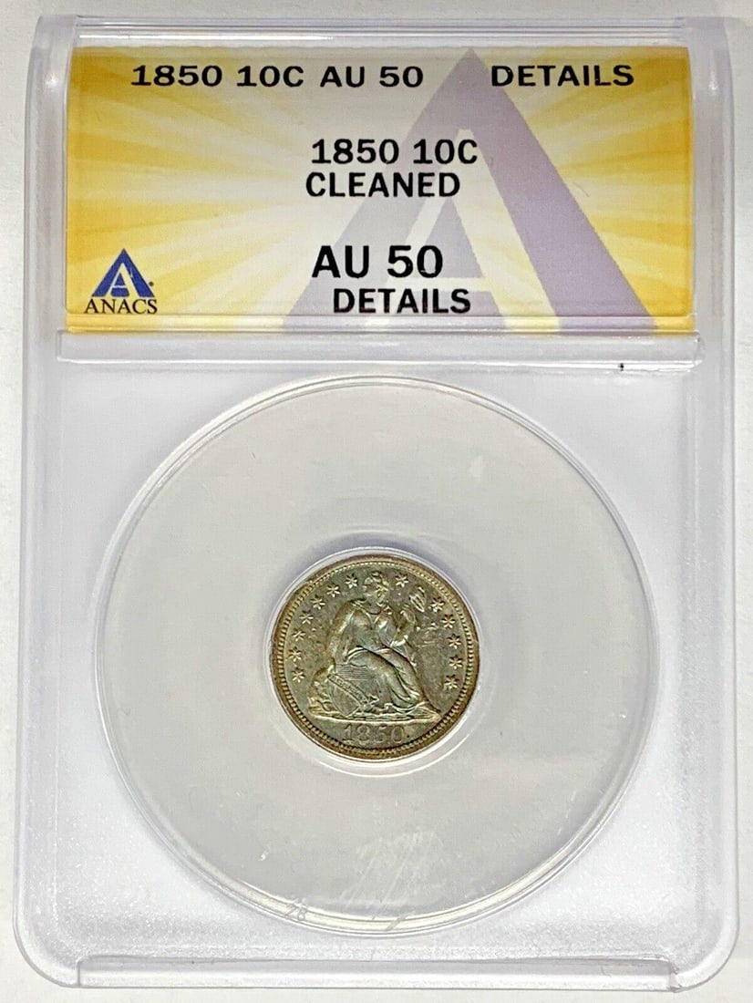 1850 Seated Liberty Dime 10C ANACS AU 50 Toned Circulated US Coin: 1850 Seated Liberty Dime 10C ANACS AU 50 Toned Circulated US Coin This is an 1850 Seated Liberty Dime from the United States, featuring attractive toning. The coin is graded AU 50 by ANACS and is clas