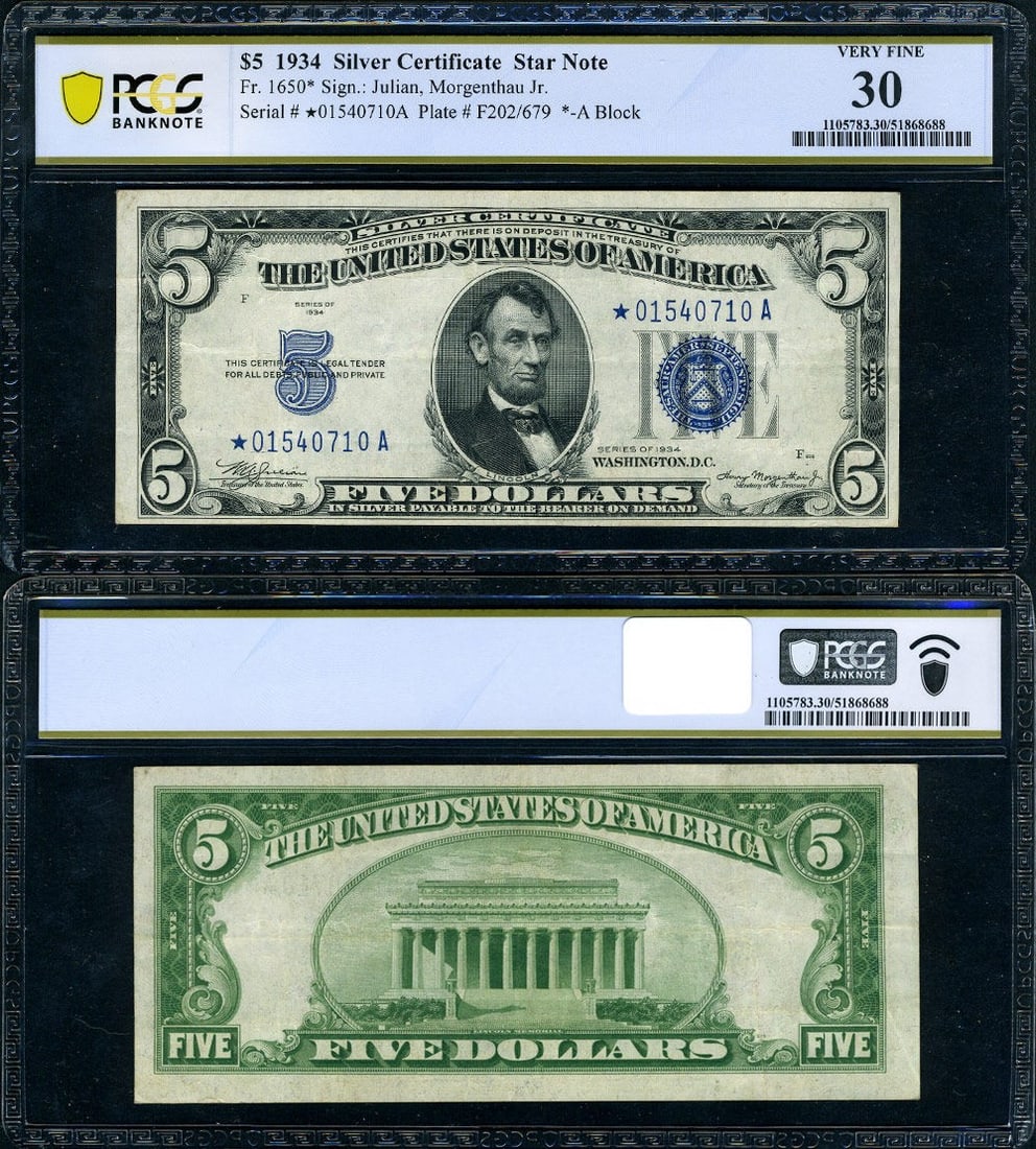 1934 $5 Silver Certificate Star Note VF30 A Block: 1934 $5 Silver Certificate Star Note VF30 A Block This is a FR. 1650* $5 1934 Silver Certificate from the United States, featuring the *-A Block and designated as a Star note. The bill is circulated a