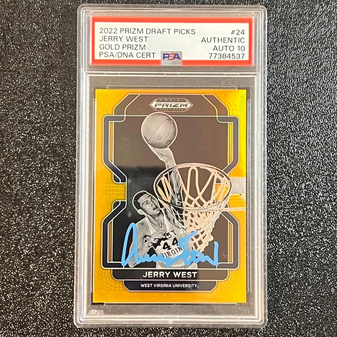 Jerry West 2022 Panini Prizm Gold #24 PSA AUTO 10 Signed Basketball Card: Jerry West 2022 Panini Prizm Gold #24 PSA AUTO 10 Signed Basketball Card This is a 2022 Prizm Draft Picks Gold #24 basketball card featuring Jerry West. The card is autographed by Jerry West, with the