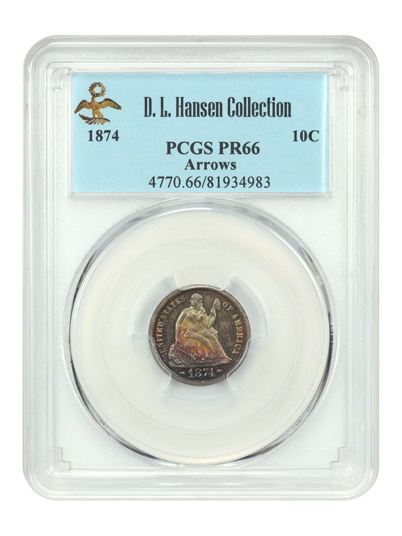 1874 Liberty Seated Dime 10C PR66 PCGS Arrows Stunning Rainbow Tints: 1874 Liberty Seated Dime 10C PR66 PCGS Arrows Stunning Rainbow Tints This stunning 1874 Liberty Seated Dime, certified by PCGS with a PR66 grade, is an exceptional find for collectors. It features the