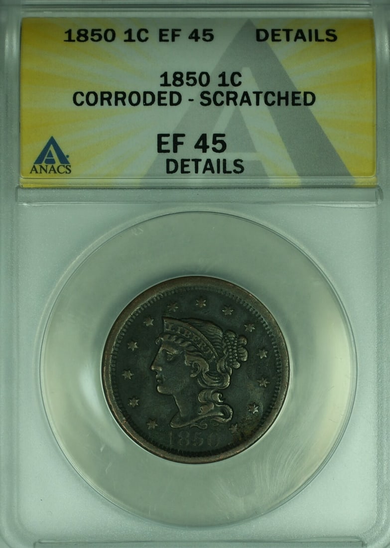1850 Braided Hair Large Cent ANACS EF-45 Corroded Scratched Copper Coin: 1850 Braided Hair Large Cent ANACS EF-45 Corroded Scratched Copper Coin This 1850 Braided Hair Large Cent was minted in Philadelphia and is certified by ANACS with a grade of EF 45. The coin is compos