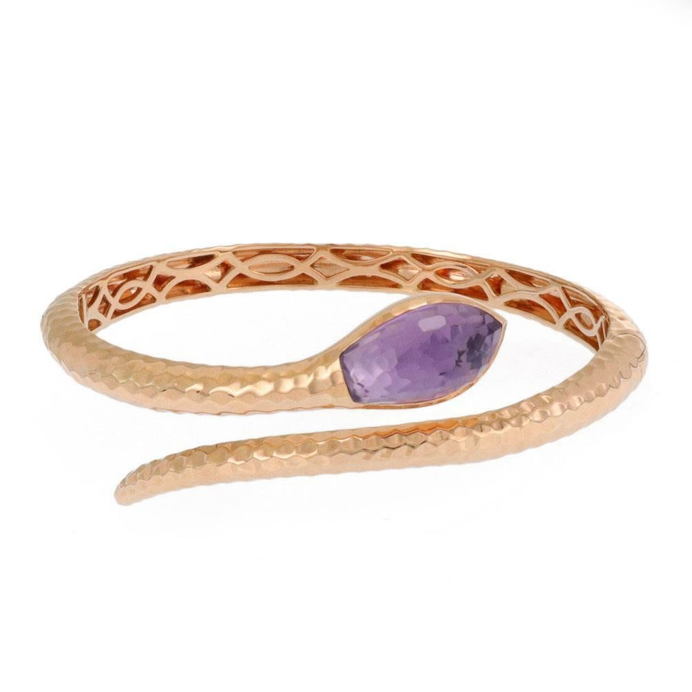 Roberto Coin 18k Rose Gold Amethyst Snake Bypass Bracelet: Roberto Coin 18k Rose Gold Amethyst Snake Bypass Bracelet This stunning bracelet by Roberto Coin showcases a unique bypass design crafted from authentic 18k rose gold, featuring both a high polished a