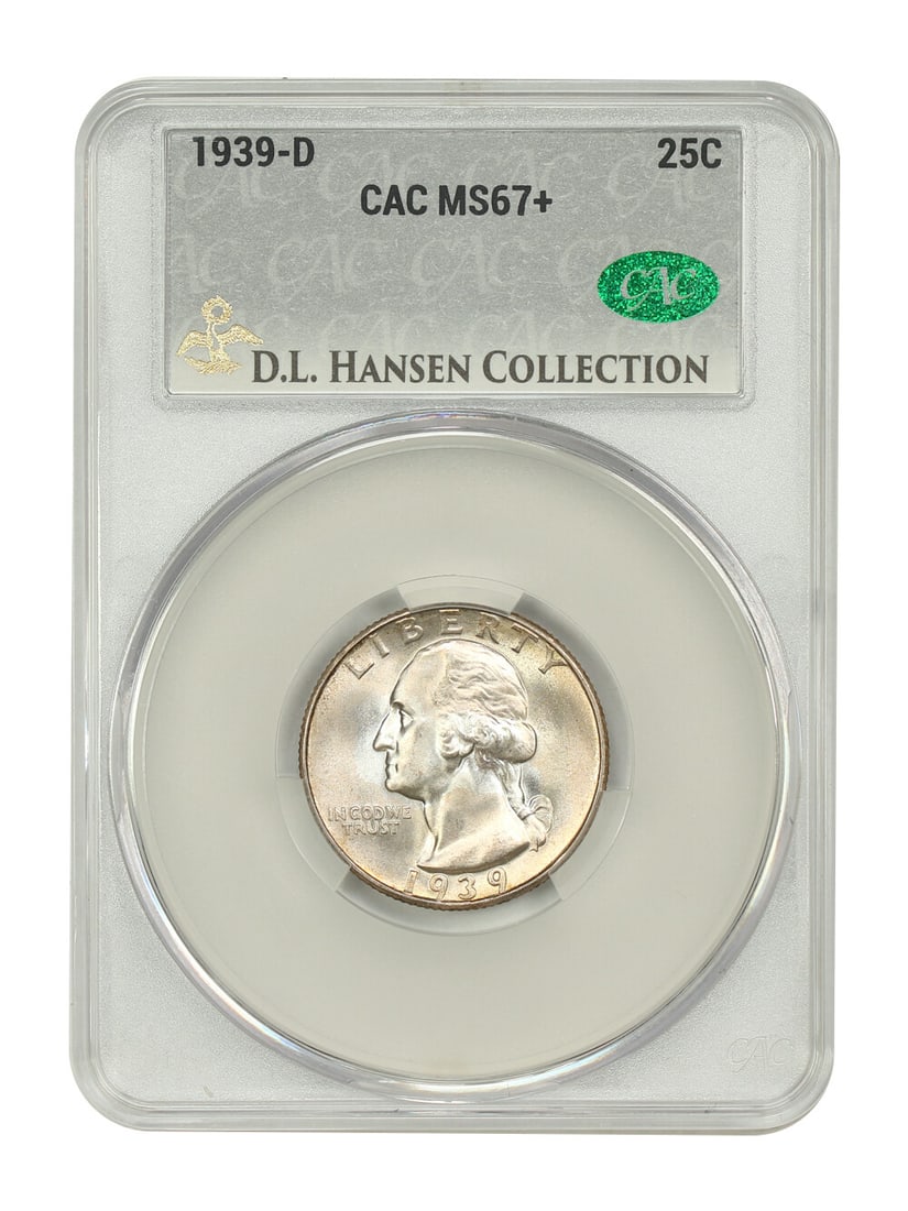 1939-D Washington Quarter CACG MS67+ Denver Mint Gem: 1939-D Washington Quarter CACG MS67+ Denver Mint Gem Presenting a stunning 1939-D 25C Washington Quarter, graded MS67+ by CACG, showcasing exceptional quality and detail. This uncirculated coin featur