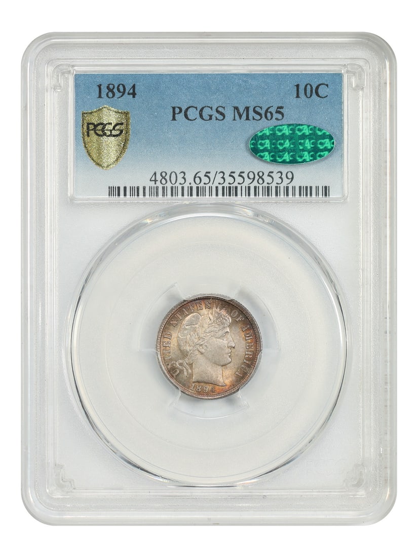 1894 Barber Dime Philadelphia MS65 PCGS CAC Gem Uncirculated 10C: 1894 Barber Dime Philadelphia MS65 PCGS CAC Gem Uncirculated 10C This 1894 Barber Dime is certified by PCGS and CAC as MS65, indicating gem uncirculated condition. The coin features satiny surfaces, s
