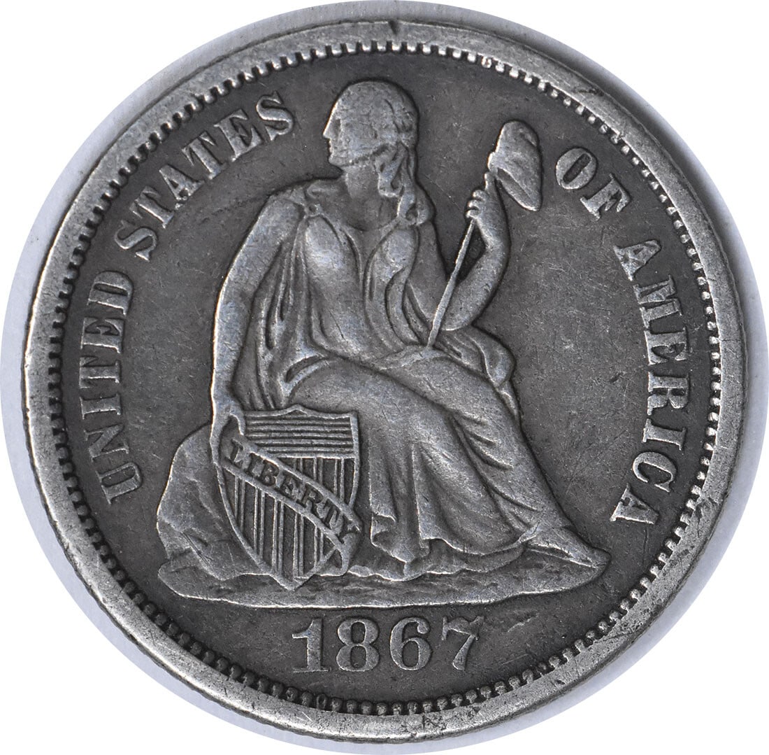 1867-S Liberty Seated Silver Dime 10C Christian Gobrecht Uncertified: 1867-S Liberty Seated Silver Dime 10C Christian Gobrecht Uncertified This 1867-S Liberty Seated Silver Dime is a remarkable piece of numismatic history. Featuring a beautiful design by Christian Gobre