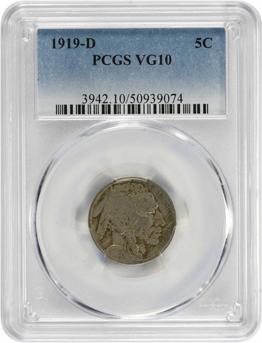 1919-D Buffalo Nickel VG PCGS Certified Denver Mint: 1919-D Buffalo Nickel VG PCGS Certified Denver Mint This 1919-D Buffalo Nickel is a remarkable piece of American numismatic history, certified by PCGS. Struck at the Denver Mint, this coin features th