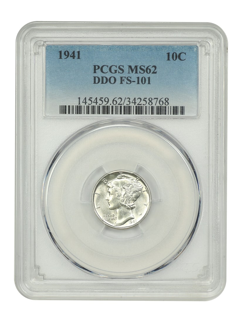 1941 Mercury Dime 10C PCGS MS62 DDO FS-101 Uncirculated: 1941 Mercury Dime 10C PCGS MS62 DDO FS-101 Uncirculated This 1941 Mercury Dime, certified by PCGS with a grade of MS62, showcases its uncirculated condition, indicating it has been preserved remarkabl