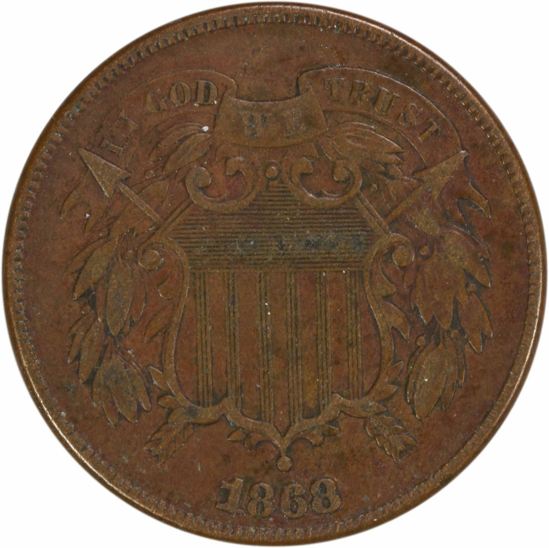 1868 Two Cent Piece Bronze VF Uncertified Coin: 1868 Two Cent Piece Bronze VF Uncertified Coin This 1868 Two Cent Piece is a beautifully crafted coin featuring a design by James Barton Longacre. It is a circulated coin with a Very Fine (VF) grade. 