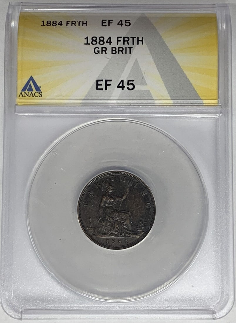 United Kingdom 1884 Farthing ANACS Certified XF 45 Coin: United Kingdom 1884 Farthing ANACS Certified XF 45 Coin This 1884 Great Britain farthing coin has been certified by ANACS with a grade of XF 45. It features a denomination of 1/4 penny and originates 
