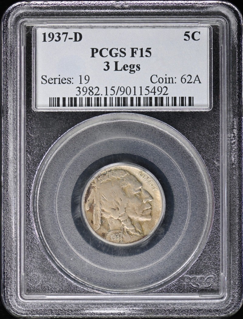 1937-D Buffalo Nickel 3 Legs Certified PCGS F15 Denver: 1937-D Buffalo Nickel 3 Legs Certified PCGS F15 Denver This 1937-D Buffalo Nickel is graded F15 by PCGS, ensuring its authenticity and quality. Minted in Denver, this circulated coin showcases the ico
