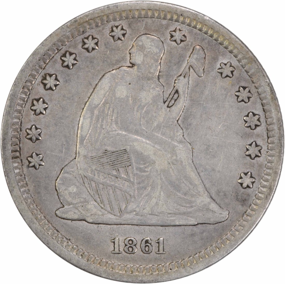 1861 Liberty Seated Silver Quarter VF Uncertified 25C Coin: 1861 Liberty Seated Silver Quarter VF Uncertified 25C Coin This 1861 Liberty Seated Silver Quarter showcases a classic design by Robert Ball Hughes and Christian Gobrecht, featuring the iconic Seated 
