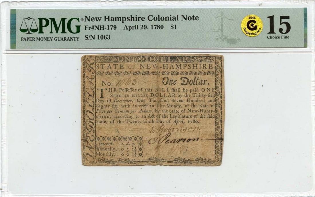 1780 New Hampshire Colonial $1 Currency PMG F15 Gold Uncancelled: 1780 New Hampshire Colonial $1 Currency PMG F15 Gold Uncancelled This is a $1 New Hampshire Colonial note dated April 29, 1780, certified by PMG with a grade of F15. The note is circulated and feature