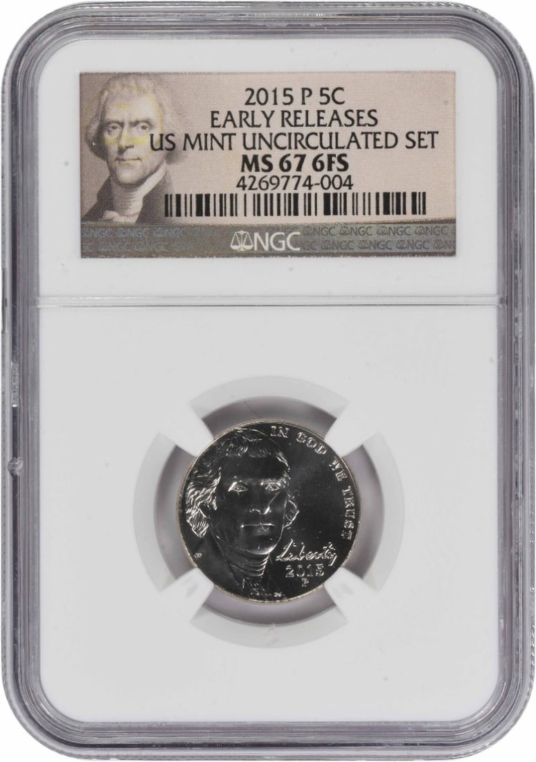 NGC MS67 Early Release 2015-P Jefferson Nickel 6 Full Steps: NGC MS67 Early Release 2015-P Jefferson Nickel 6 Full Steps This 2015-P Jefferson Nickel is graded MS67 with 6 Full Steps by NGC. Struck at the Philadelphia Mint, it is composed of 75% copper and 25% 