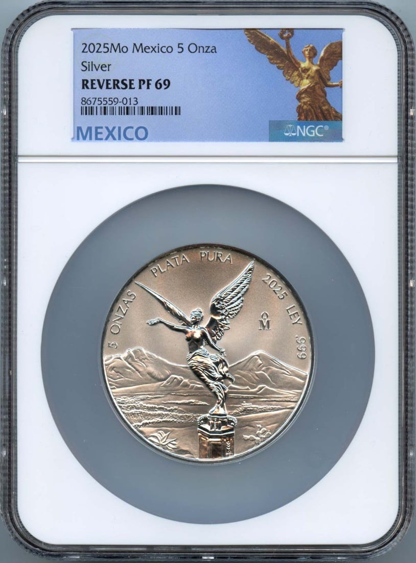 2025 Mexico 5 Onza Silver Libertad Coin NGC PR69 Limited to 600 Minted: 2025 Mexico 5 Onza Silver Libertad Coin NGC PR69 Limited to 600 Minted This 2025 Mo Mexico 5 Onza Libertad is a silver coin graded PF69 by NGC. It has a reverse proof finish and a low mintage of only 