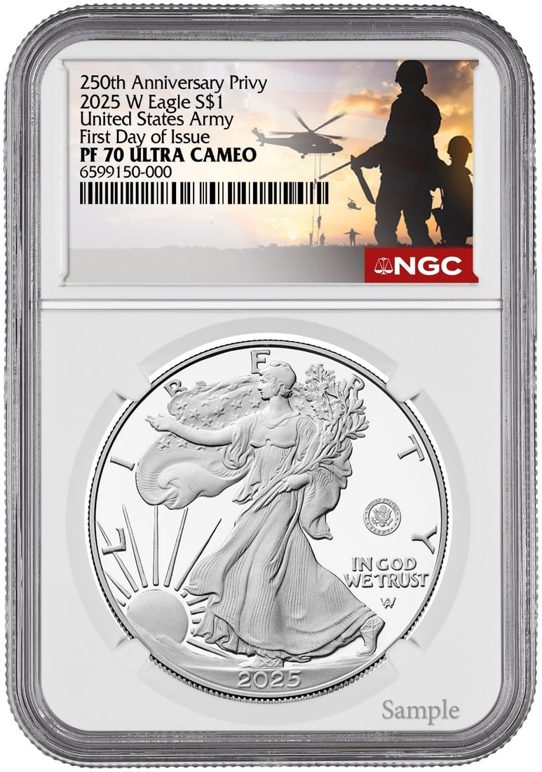 2025-W Proof American Silver Eagle U.S. Army Privy NGC PF70 First Day: 2025-W Proof American Silver Eagle U.S. Army Privy NGC PF70 First Day This stunning 2025-W Proof American Silver Eagle coin features the U.S. Army Privy mark, symbolizing honor and service. Crafted by