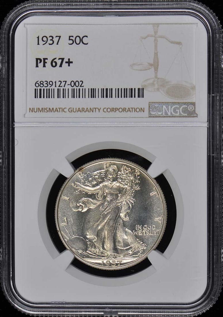 1937 Walking Liberty Half Dollar NGC PR67+ Proof Coin: 1937 Walking Liberty Half Dollar NGC PR67+ Proof Coin This 1937 Walking Liberty Half Dollar features a stunning proof finish and is certified by NGC with a grade of PR67+. It is an uncirculated coin, 